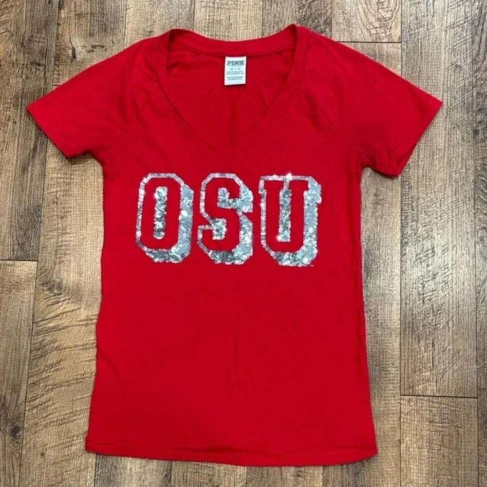 Victoria's Secret PINK OSU Sequin V Neck T Shirt Red XS
